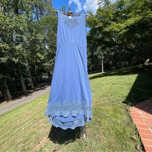CHICO'S High-Low Maxi Blue Knit Dress Lace Detail Chico's Size 1 (US 8-10)